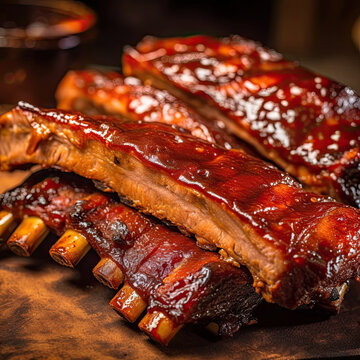Perfectly cooked barbecue ribs on a cutting board created with Generative AI technology