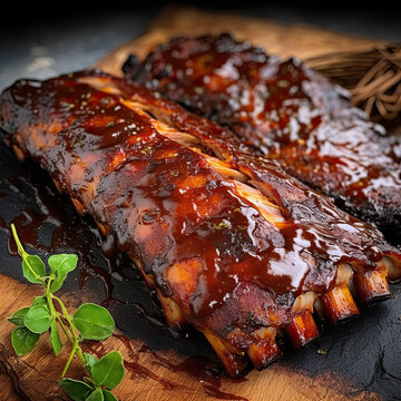 Perfectly cooked barbecue ribs on a cutting board created with Generative AI technology