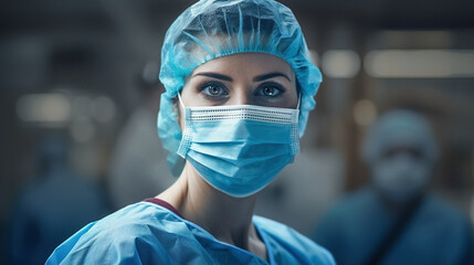 Portrait of a female surgeon wearing mask and surgical cap