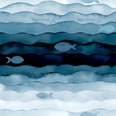 Watercolor sea ocean wave fish navy blue indigo colored background