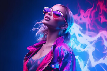 portrait of a stylish young girl model with blond hair in glasses in smoke in neon lighting - obrazy, fototapety, plakaty