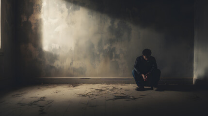 lonely depression concept alone in the corner of the room - obrazy, fototapety, plakaty