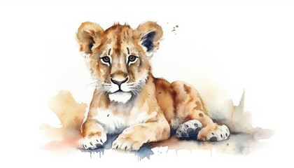 Obraz premium Isolated watercolour painting of baby lion on white background, generative ai