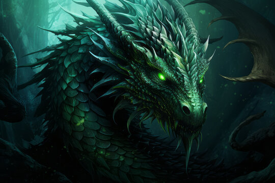 Green Dragon in the cave, the lord of dragons, has good platinum scales,  bright eyes, and is surrounded by dazzling gold and green lights.  generative ai Stock Illustration