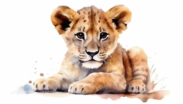 Isolated watercolour painting of baby lion on white background, generative ai