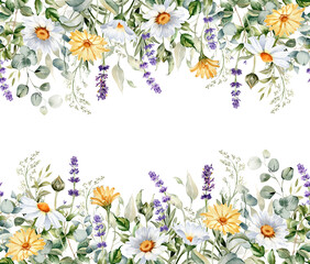 Watercolor wildflowers seamless border. Repeating pattern. Daisy, calendula, lavender, eucalyptus branches and leaves. Herb greenery garland. Summer floral frame for greeting cards and invitations