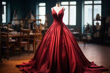 Amazing red dress in a sewing workshop