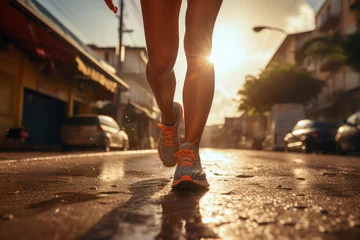 Foto op Plexiglas Athlete girl warming up before  running on the city street © graja