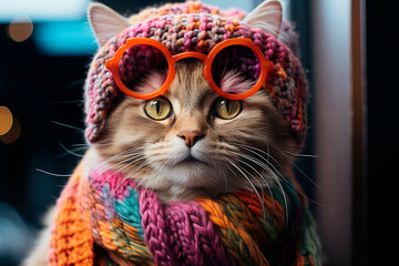 Adorable cat wearing oval glasses, colourful thick woollen hat and scarf