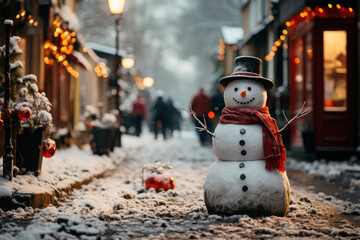 Happy snowman standing in winter christmas town street