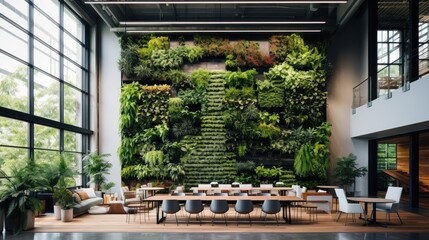 A living wall filled with various plant species in an eco-friendly building. Generative AI