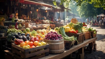 A farmer's market stall filled with locally sourced fruits and vegetables. Generative AI - obrazy, fototapety, plakaty