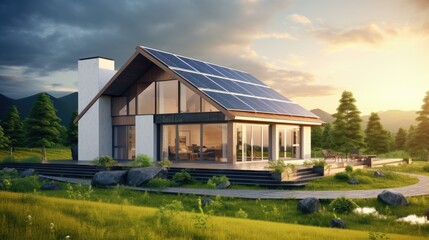 A green energy concept with wind turbines, solar panels, and an energy-efficient house. Generative AI