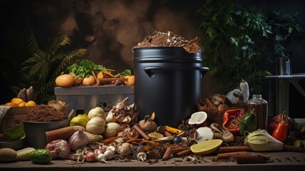 A home composting setup with kitchen scraps representing organic waste reduction. Generative AI