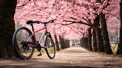 A bicycle leaning against a tree in an urban park, symbolizing emission-free transportation. Generative AI