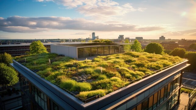 A green roof installation on a sustainable building. Generative AI