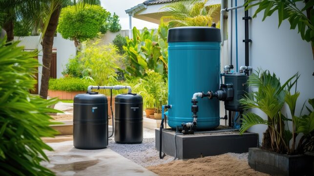 A rainwater harvesting system with a water tank and filtration unit. Generative AI