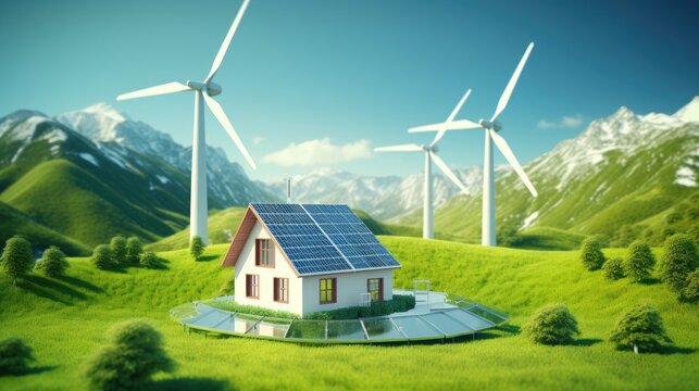 A green energy concept with wind turbines, solar panels, and an energy-efficient house. Generative AI
