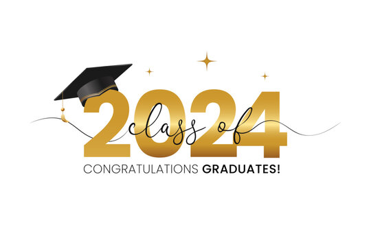 Vector illustration of gold design for graduation ceremony. Class of 2024. Congratulations graduates typography design template for shirt, stamp, logo, card, invitation etc.