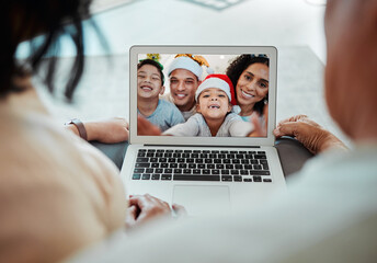 Christmas, family and video call on laptop in portrait, happy and communication. Xmas, computer and kids with parents in online chat for celebration of holiday in virtual webinar with face of couple