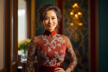 Fototapeta na wymiar Portrait of a Smiling Woman Wearing a Beautiful Cheongsam Dress.