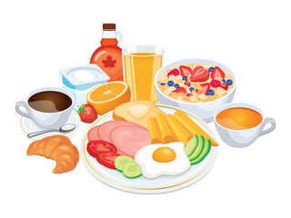 Big breakfast with many food and drinks vector illustration. Healthy full breakfast still life icon set on a white background. Coffee, orange juice, tea, croissant, fruits and vegetables vector