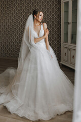 Fototapeta premium The brunette girl is preparing for the wedding. Portrait photo of a bride in a wedding dress with an elegant hairstyle and luxurious makeup, full-length photo