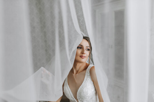 A brunette girl is preparing for the wedding. Portrait photo of the bride in a wedding dress with an elegant hairstyle and luxurious makeup, photo of the bride under the veil