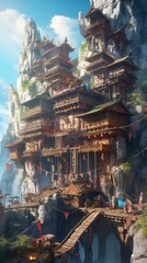 A fairytale shot of a old asian castle stuck to a mountain