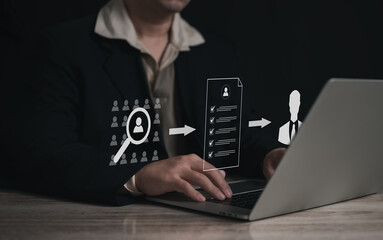 Recruitment people or Human Resource Management (HR) concept : Bussinessman using laptop for human development recruitment leadership and customer target group to enter the position in company.	