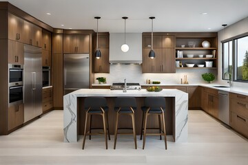 Kitchen in new luxury home with quartz waterfall island, hardwood floors, dark wood cabinets and stainless steel appliances. Modern kitchen interior
