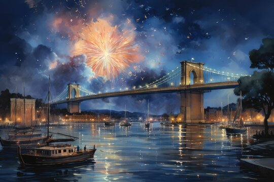 Fireworks over the Brooklyn Bridge at night in New York. USA Independence Day. Generative AI