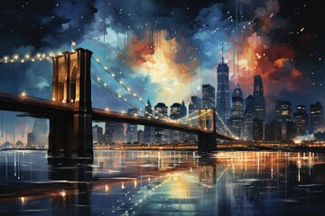 Fireworks over the Brooklyn Bridge at night in New York. USA Independence Day. Generative AI - obrazy, fototapety, plakaty