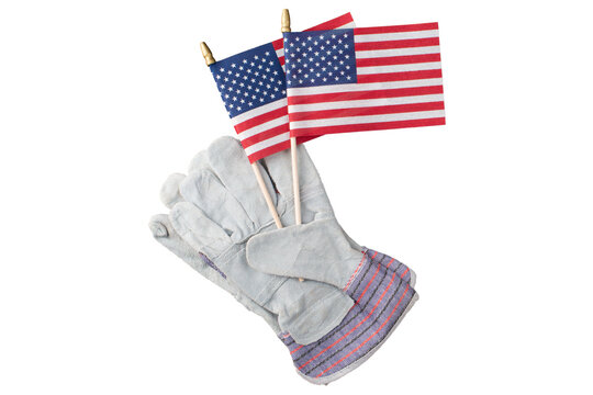 Protective work gloves and us flags isolated on transparent labor day background flat lay
