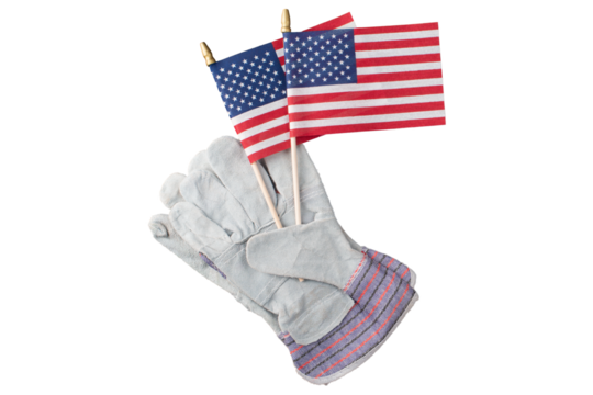 Protective work gloves and us flags isolated on transparent labor day background flat lay