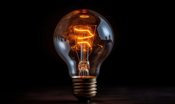 Glowing incandescent light bulb on black background