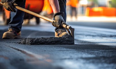 Hand paving asphalt, construction worker close-up