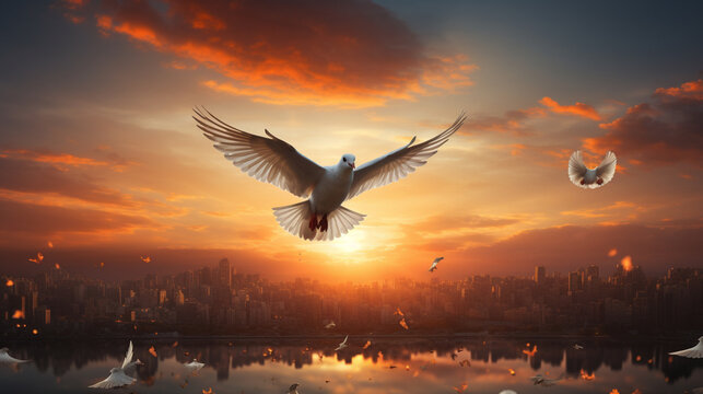 A sunset over a city skyline with doves flying overhead, signifying the aspiration for a peaceful world Generative AI