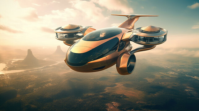 Futuristic anti-gravity aircraft, a beautiful flying object in golden color
