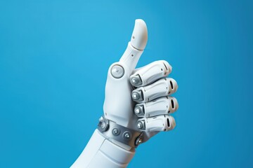 High detailed robot hand thumb up isolated on bright blue background. Robotic mechanical arm or hand looks as like a human. Cybernetic organism with Artificial Intelligence. Futuristic design concept