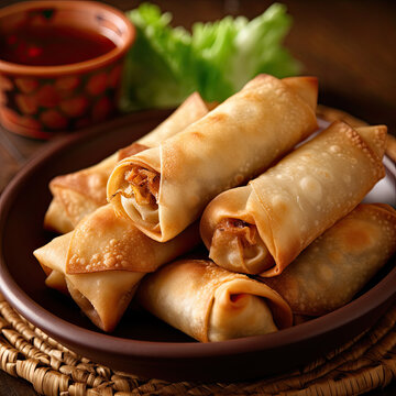 Chinese fried spring rolls on plate with red sauce created with Generative AI technology