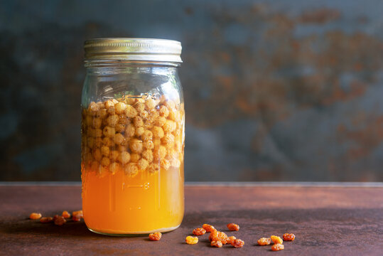 raisins wild yeast water starter in a glass jar for sourdough artisan bread.