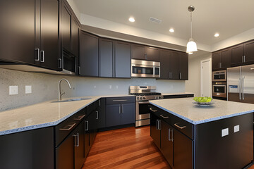 Obraz premium Kitchen in new luxury home with quartz waterfall island, hardwood floors, dark wood cabinets and stainless steel appliances.