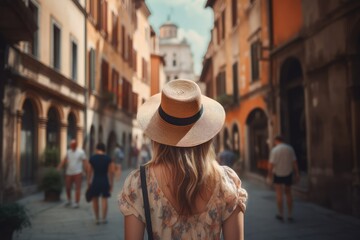 Fototapeta premium Travel concept beautiful tourist woman from back view, AI generated