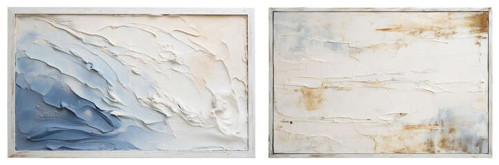 Obraz premium A set of abstract, voluminous wall paintings in the frame. Modern interior design. Minimalistic abstraction, application with gypsum. Isolated on a transparent background. KI.