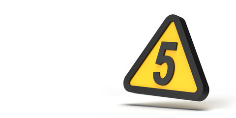 Caution concept: Warning triangle sign with Number 5 symbol on framed yellow geometric icon on white empty background. 3D render design copy space template. Set of 14 images. Clipping path incl.