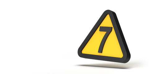 Caution concept: Warning triangle sign with Number 7 symbol on framed yellow geometric icon on white empty background. 3D render design copy space template. Set of 14 images. Clipping path incl.