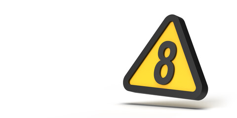 Caution concept: Warning triangle sign with Number 8 symbol on framed yellow geometric icon on white empty background. 3D render design copy space template. Set of 14 images. Clipping path incl.