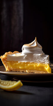 Lemon meringue pie slice with perfectly baked peaks created with Generative AI technology