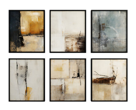 A set of abstract, butter wall paintings in a black frame. Modern interior design. The minimalist abstraction of calm tues. Six paintings on the wall. Isolated on a transparent background. KI.